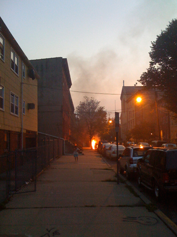 Second Street in Jersey City where a car burned