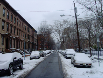 Snow on York Street at Van Vorst Park in Downtown Jersey City