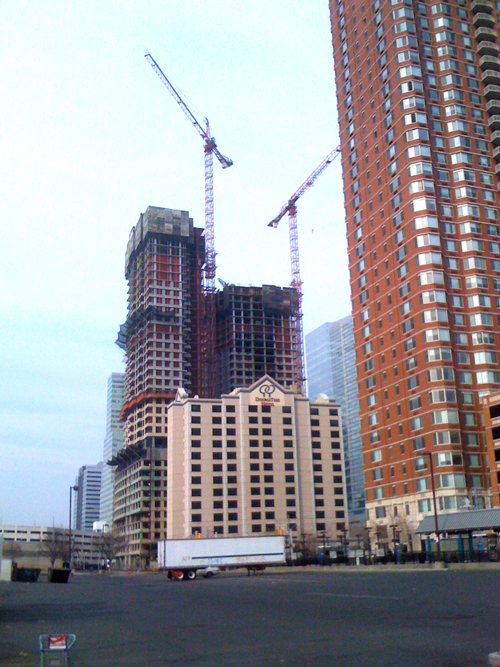 Monaco Towers rising over the Doubletree hotel in downtown Jersey City